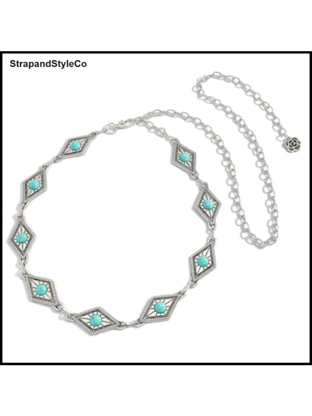 Women's Western Turquoise Concho Chain Belt Silver Boho Cowgirl Adjustable